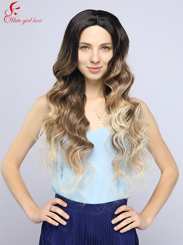 White girl wigs Synthetic lace wigs Sassy color Ombre brown blond long Wave style  Lace front wigs