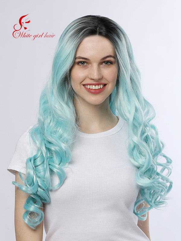 World wide Free Shipping White girl wigs Synthetic lace wigs cute Light blue / Light green Lace front wigs